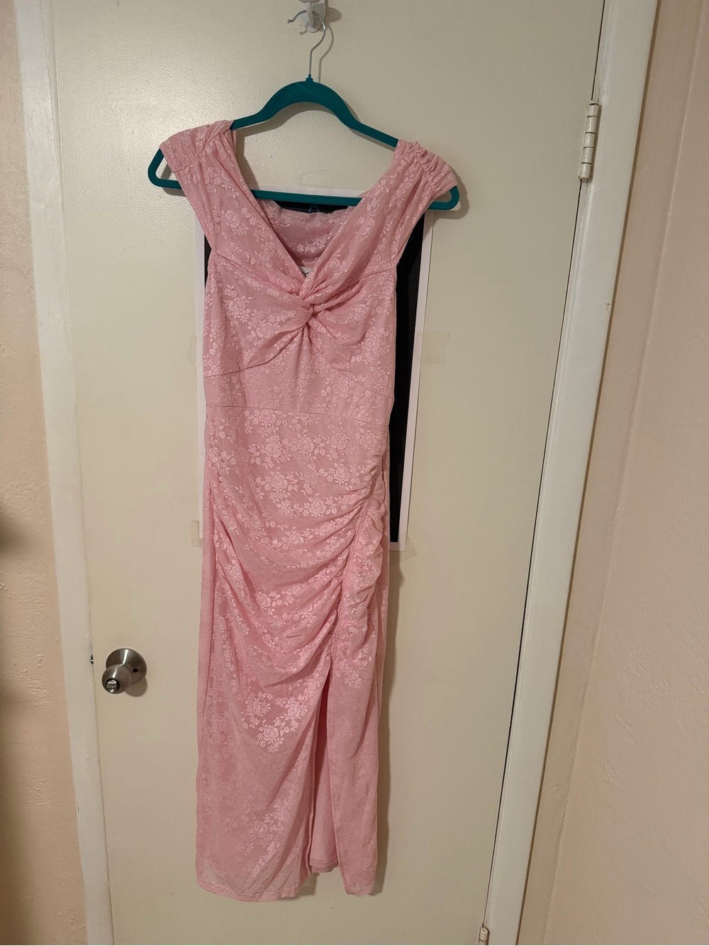 Blush Pink Lace Twist-Front Maxi Dress